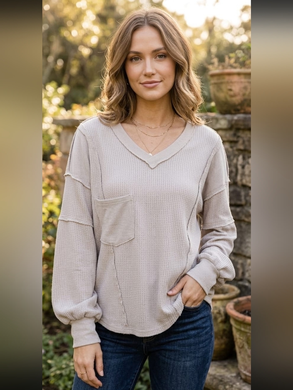 BTFBM Women's Cream V-Neck Ribbed Pocket Pullover